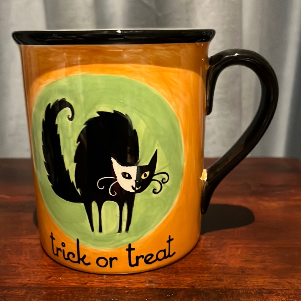 Halloween TRICK OR TREAT Black Cat Mug by JENNIFER CLARK Certified International